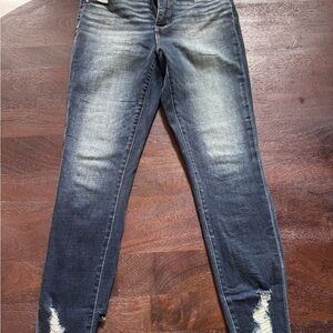 Buckle Distressed Dark Blue Skinny Jeans